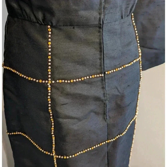 Vintage 1960s Black Gold Beaded Maxi Gown Dress Rhinestone Crystal Textured XS S - Picture 7 of 12